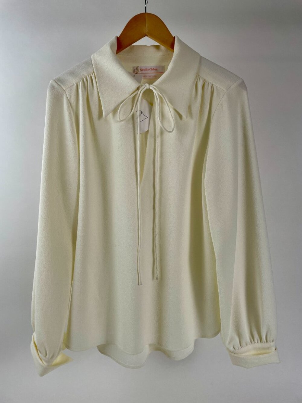 NEW See By Chloe Flowy Tie Neck Long Sleeve Blouse, Natural White, Size 42 (10)